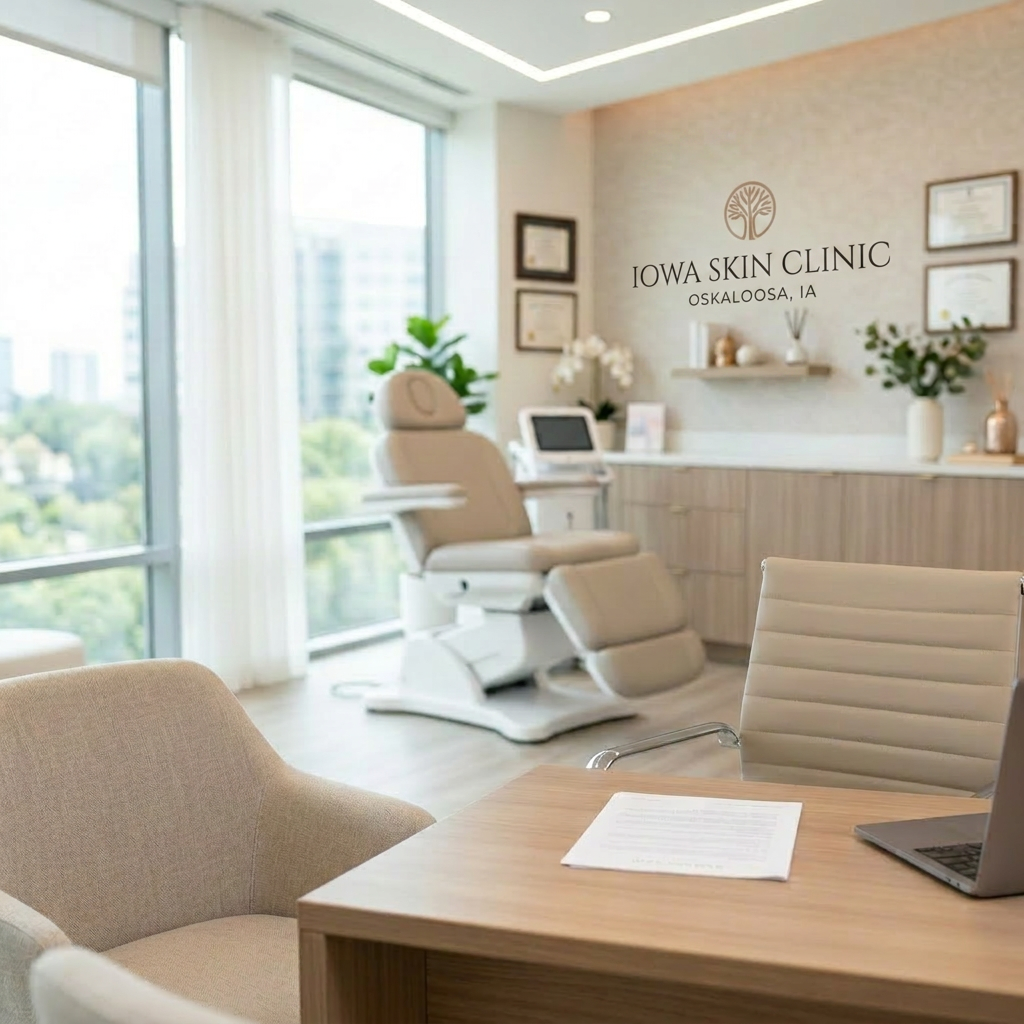 Dermatologist explaining treatment to a happy patient in clinic